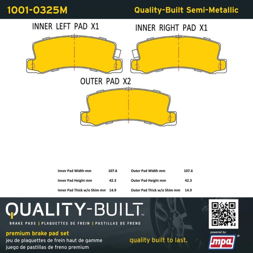 MPA 1001-0325M Quality-Built Premium Semi-Metallic Brake Pads w/ Hardware