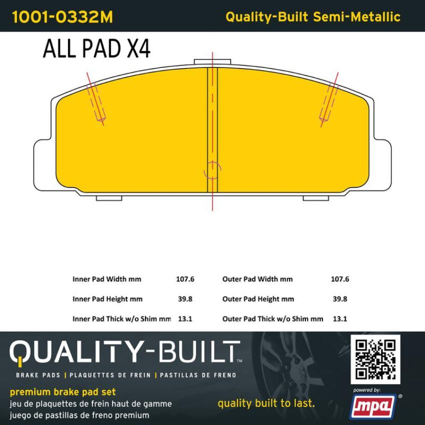 MPA 1001-0332M Quality-Built Premium Semi-Metallic Brake Pads w/ Hardware