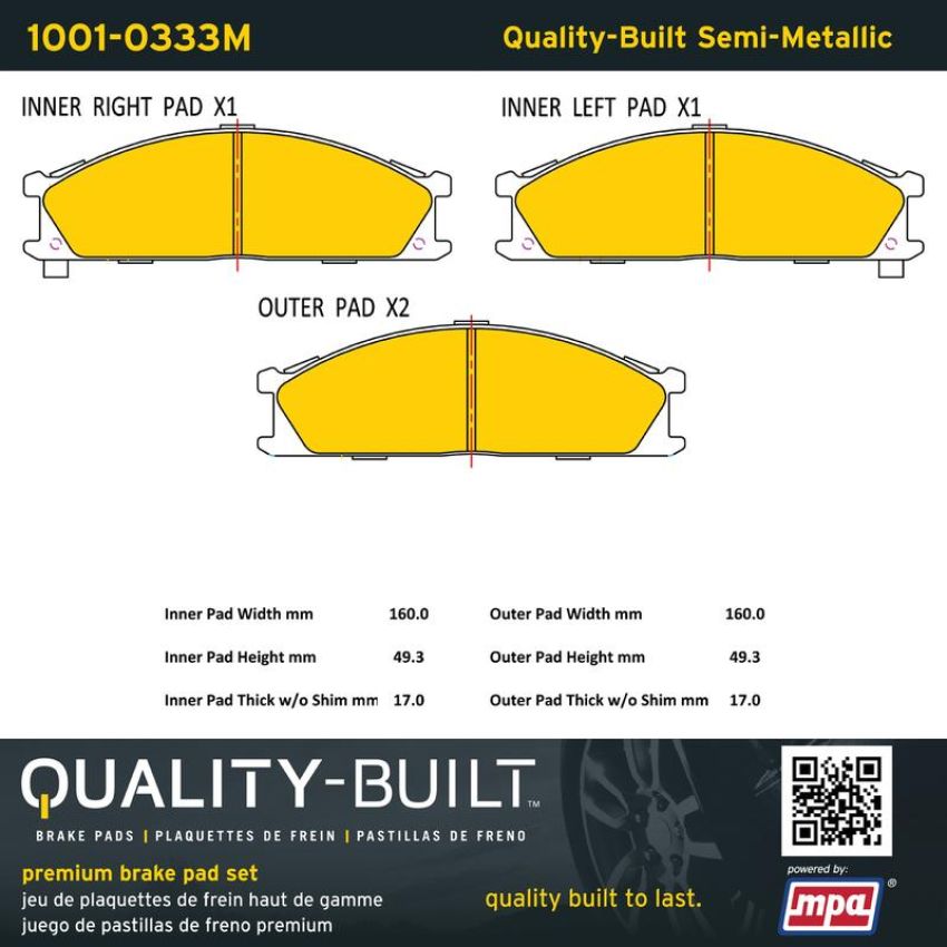 MPA 1001-0333M Quality-Built Premium Semi-Metallic Brake Pads w/ Hardware