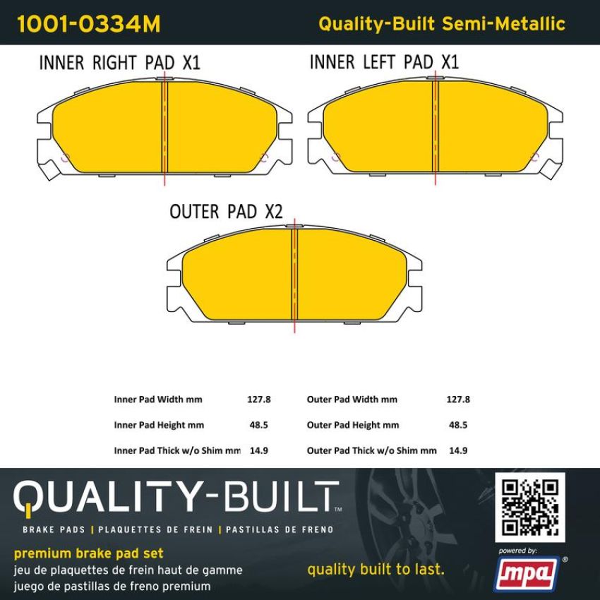 MPA 1001-0334M Quality-Built Premium Semi-Metallic Brake Pads w/ Hardware
