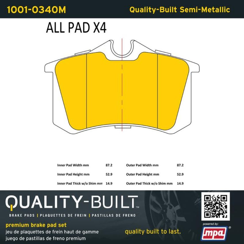 MPA 1001-0340M Quality-Built Premium Semi-Metallic Brake Pads