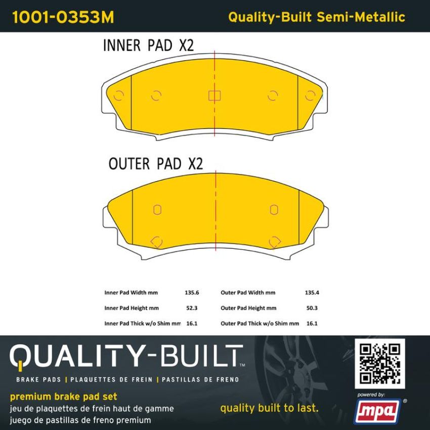 MPA 1001-0353M Quality-Built Premium Semi-Metallic Brake Pads w/ Hardware