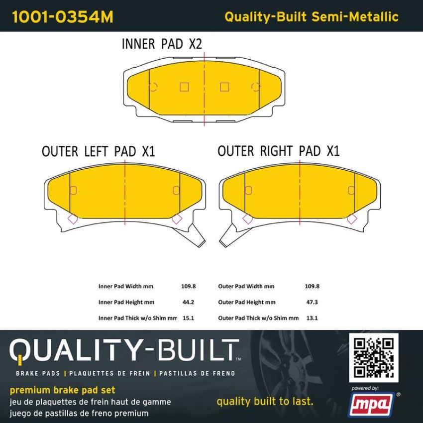 MPA 1001-0354M Quality-Built Premium Semi-Metallic Brake Pads w/ Hardware