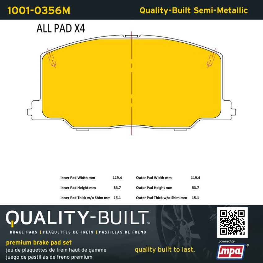 MPA 1001-0356M Quality-Built Premium Semi-Metallic Brake Pads w/ Hardware