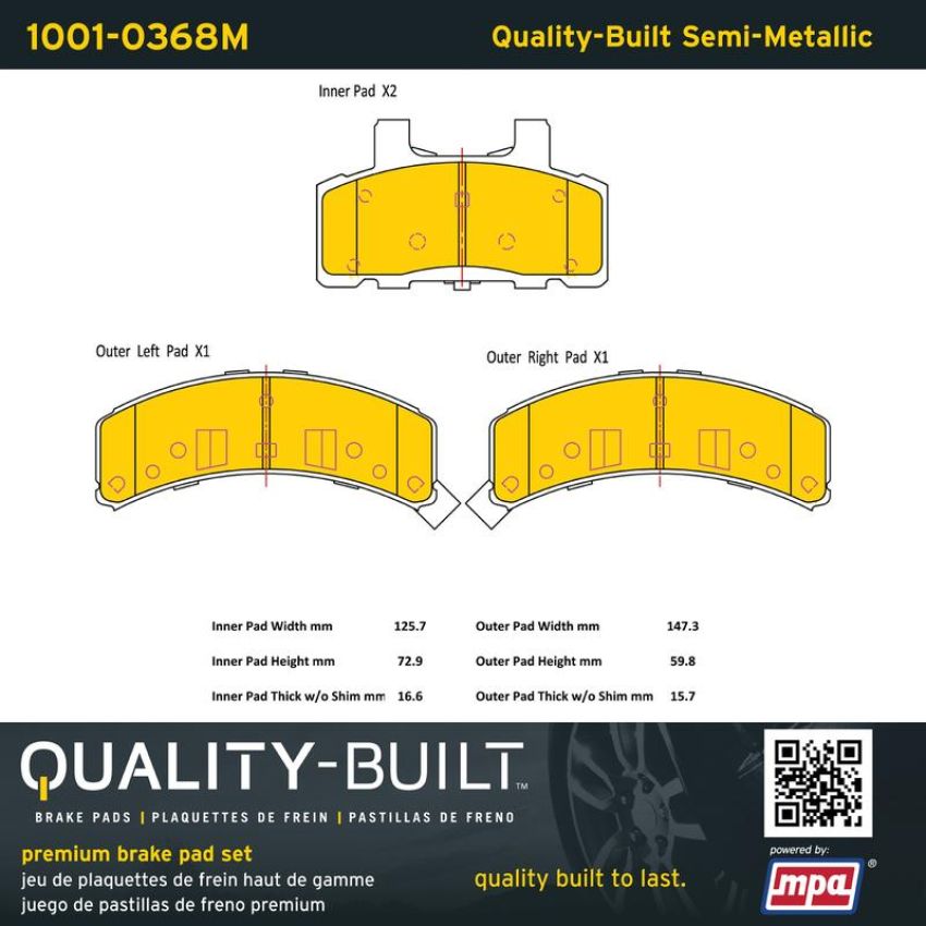 MPA 1001-0368M Quality-Built Premium Semi-Metallic Brake Pads w/ Hardware