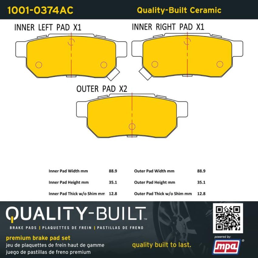 MPA 1001-0374AC Quality-Built Premium Ceramic Brake Pads w/ Hardware
