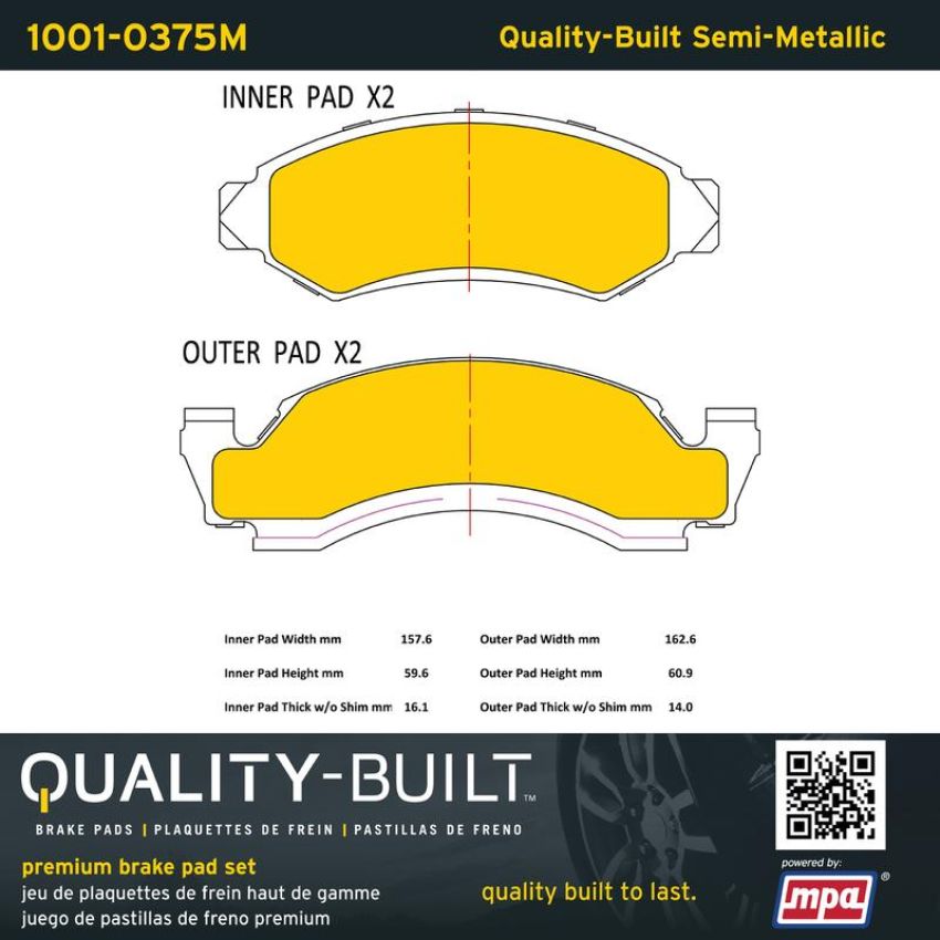 MPA 1001-0375M Quality-Built Premium Semi-Metallic Brake Pads w/ Hardware