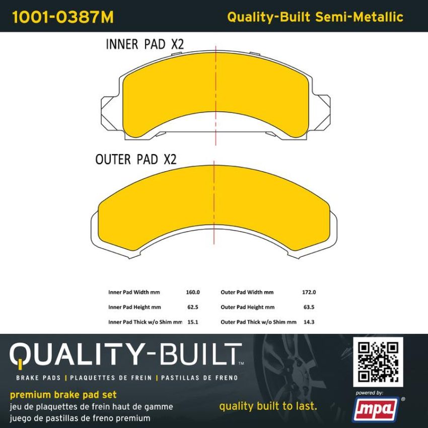 MPA 1001-0387M Quality-Built Premium Semi-Metallic Brake Pads w/ Hardware