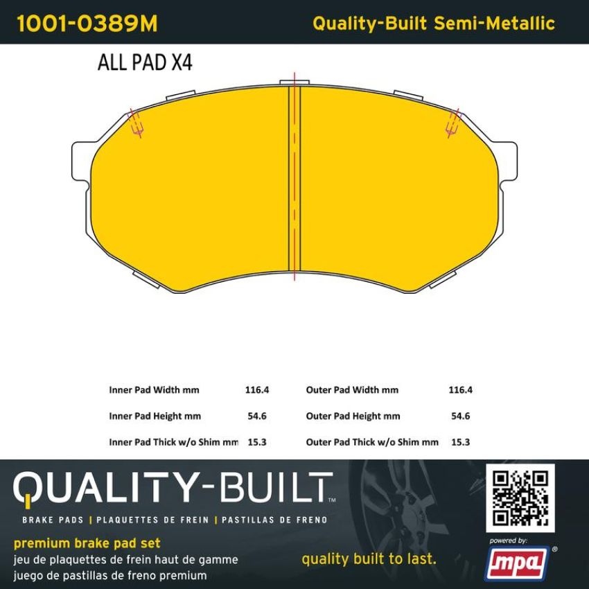 MPA 1001-0389M Quality-Built Premium Semi-Metallic Brake Pads w/ Hardware