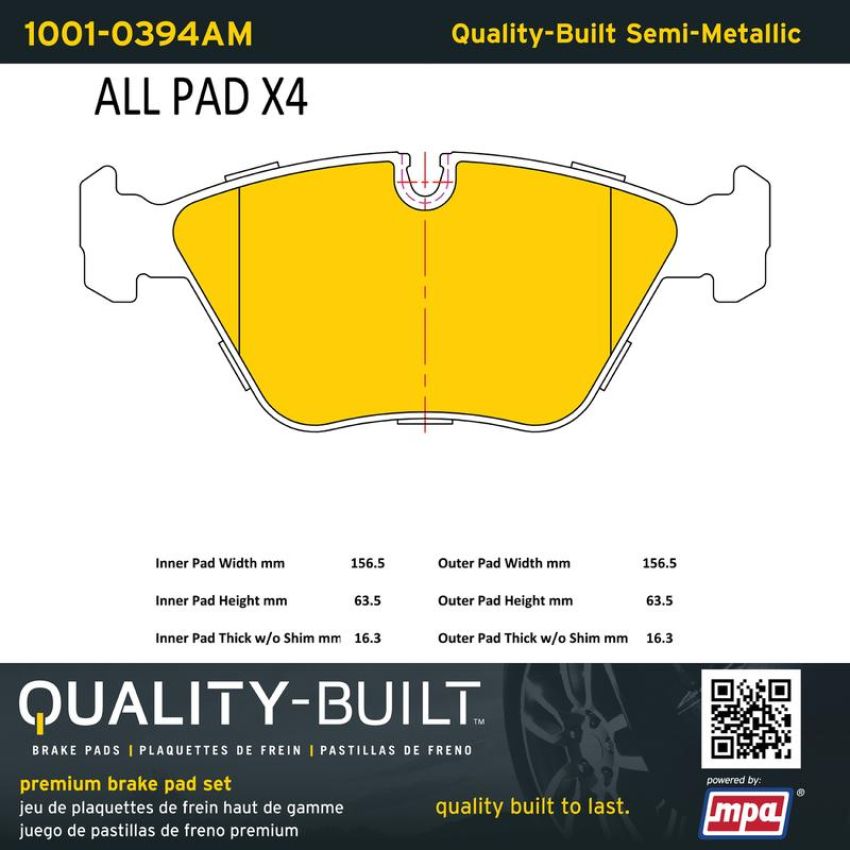 MPA 1001-0394AM Quality-Built Premium Semi-Metallic Brake Pads w/ Hardware
