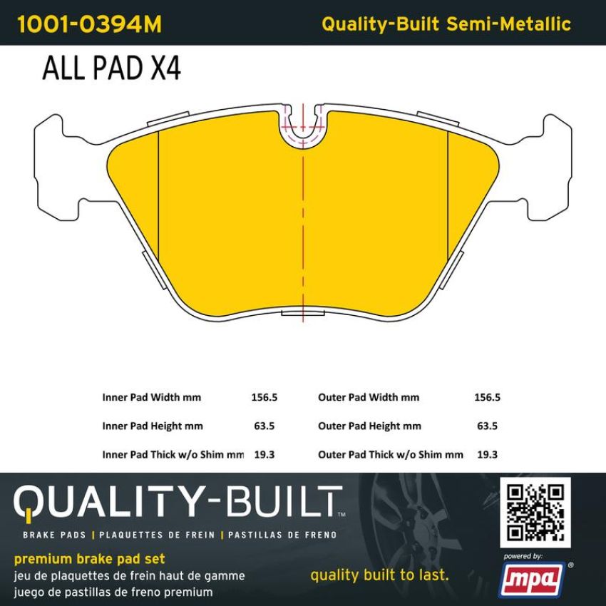 MPA 1001-0394M Quality-Built Premium Semi-Metallic Brake Pads w/ Hardware
