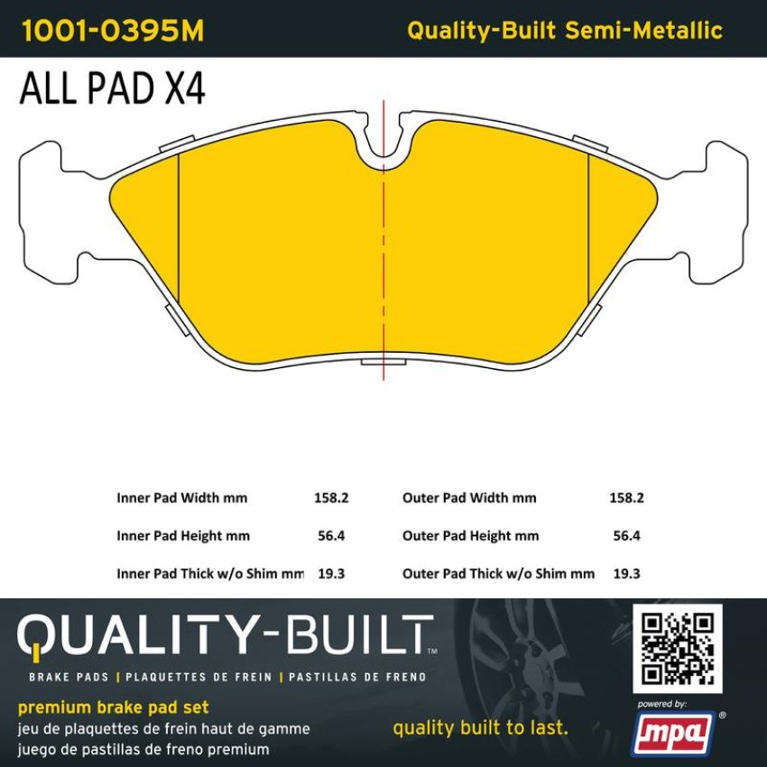MPA 1001-0395M Quality-Built Premium Semi-Metallic Brake Pads w/ Hardware