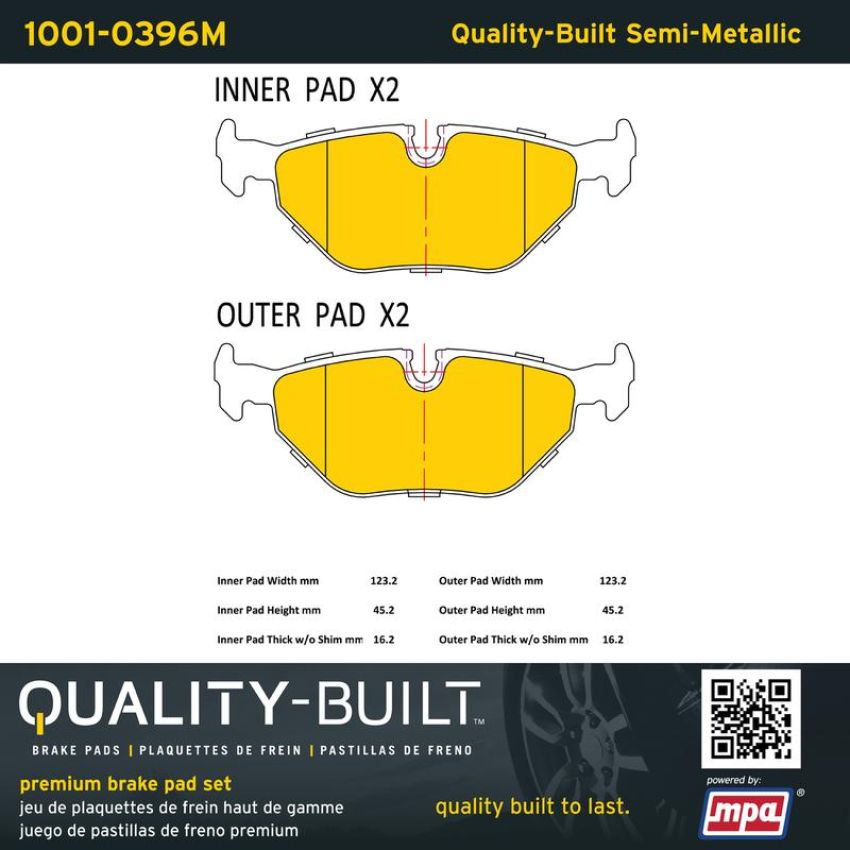 MPA 1001-0396M Quality-Built Premium Semi-Metallic Brake Pads w/ Hardware