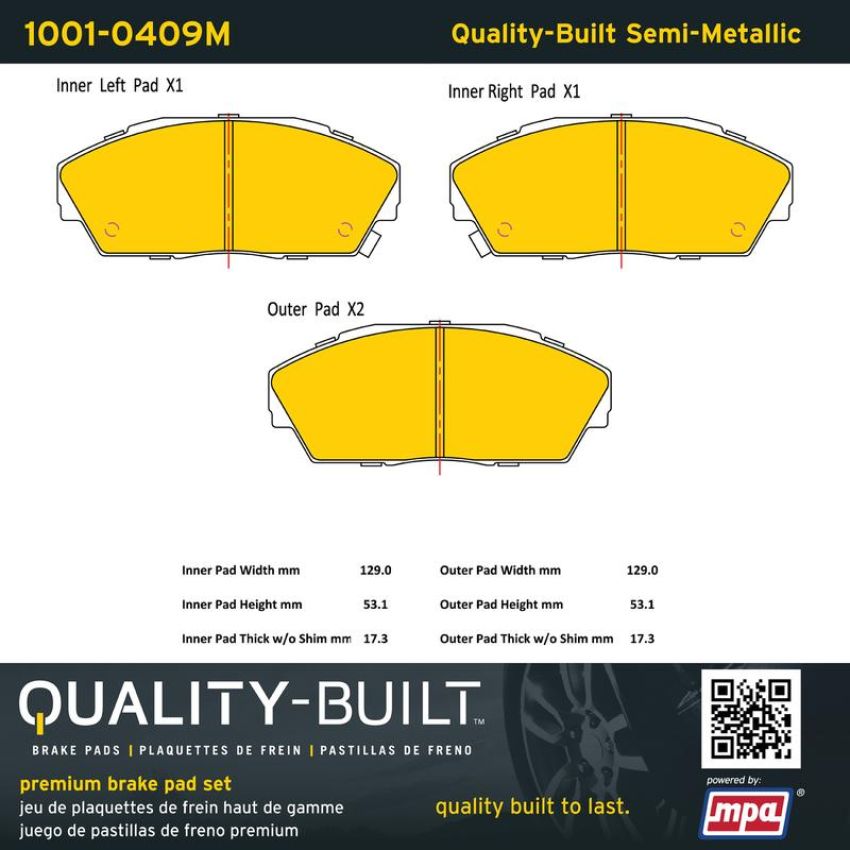 MPA 1001-0409M Quality-Built Premium Semi-Metallic Brake Pads w/ Hardware