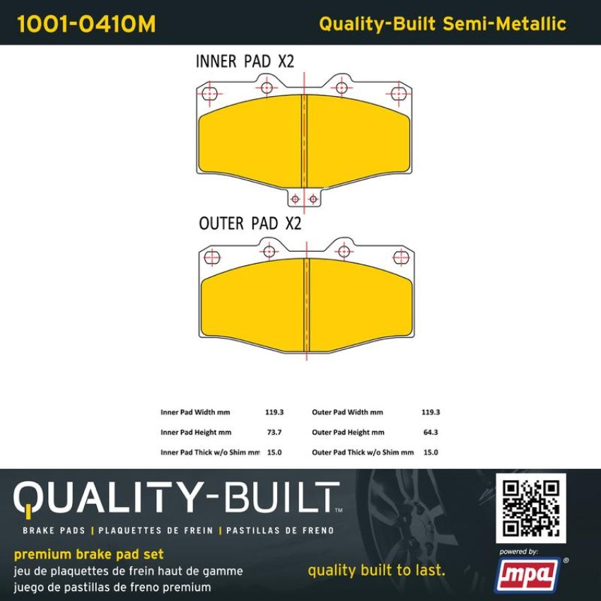 MPA 1001-0410M Quality-Built Premium Semi-Metallic Brake Pads w/ Hardware