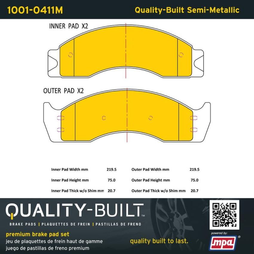 MPA 1001-0411M Quality-Built Premium Semi-Metallic Brake Pads w/ Hardware