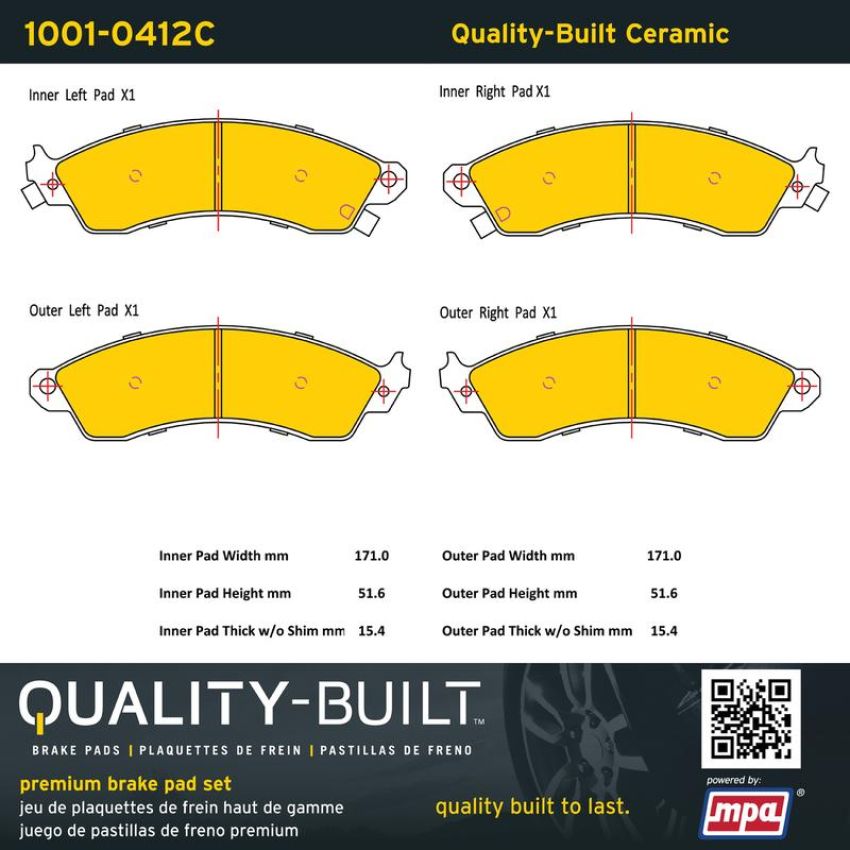 MPA 1001-0412C Quality-Built Premium Ceramic Brake Pads w/ Hardware