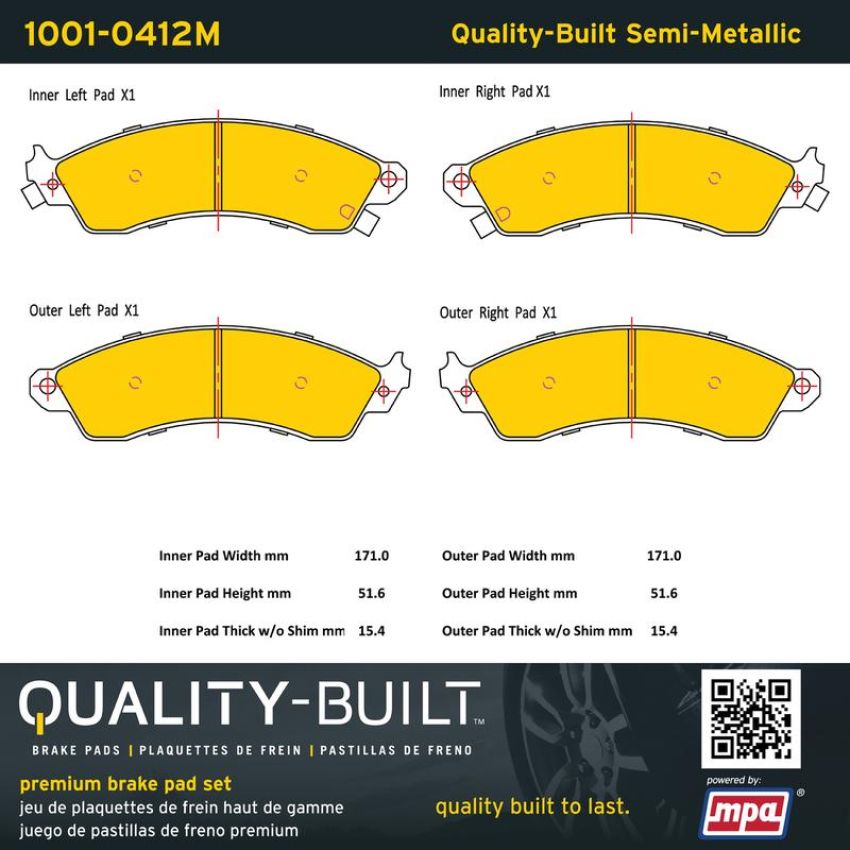 MPA 1001-0412M Quality-Built Premium Semi-Metallic Brake Pads w/ Hardware