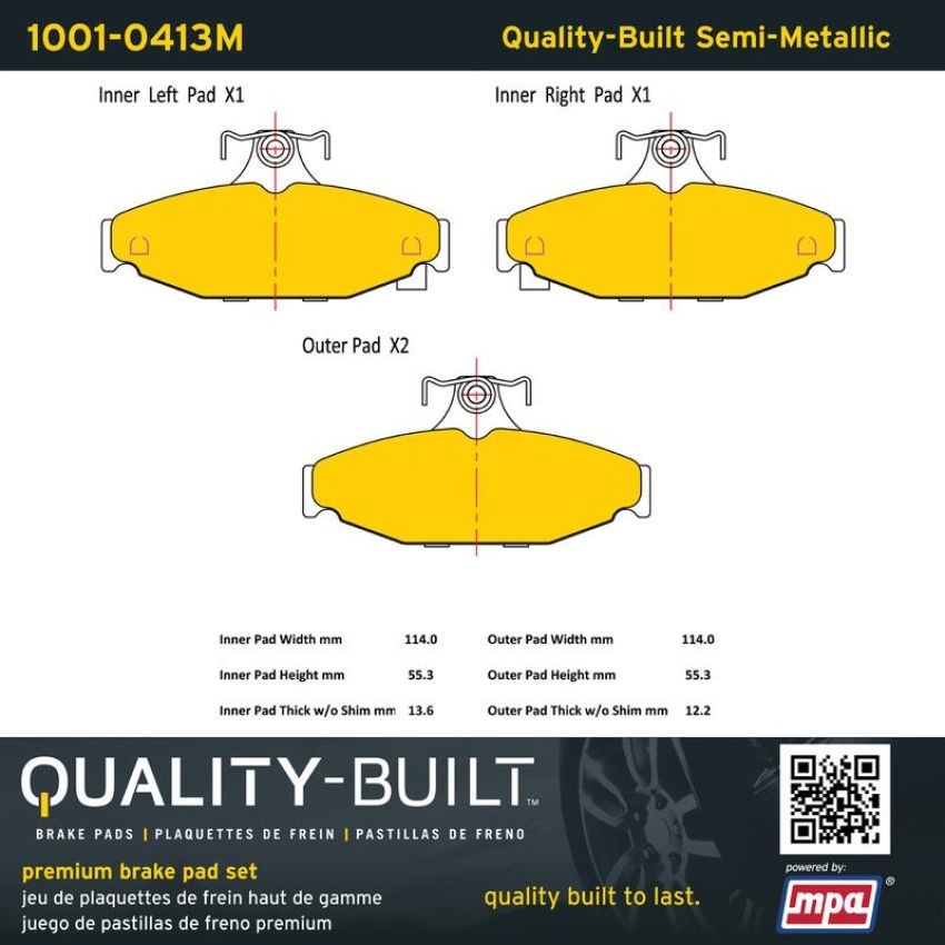 MPA 1001-0413M Quality-Built Premium Semi-Metallic Brake Pads w/ Hardware