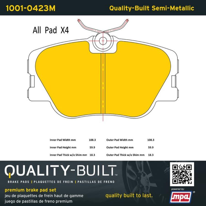 MPA 1001-0423M Quality-Built Premium Semi-Metallic Brake Pads w/ Hardware