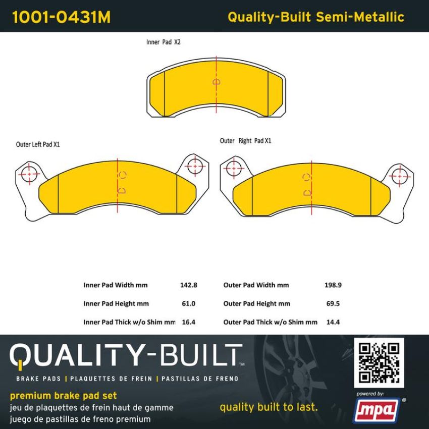 MPA 1001-0431M Quality-Built Premium Semi-Metallic Brake Pads w/ Hardware