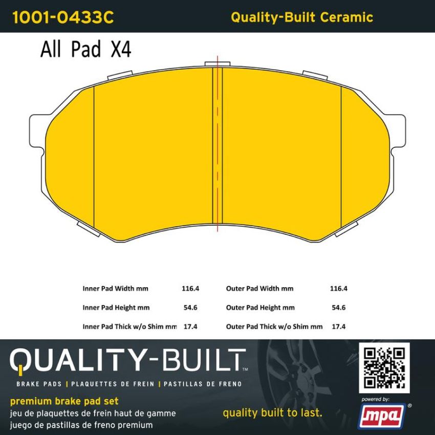 MPA 1001-0433C Quality-Built Premium Ceramic Brake Pads w/ Hardware