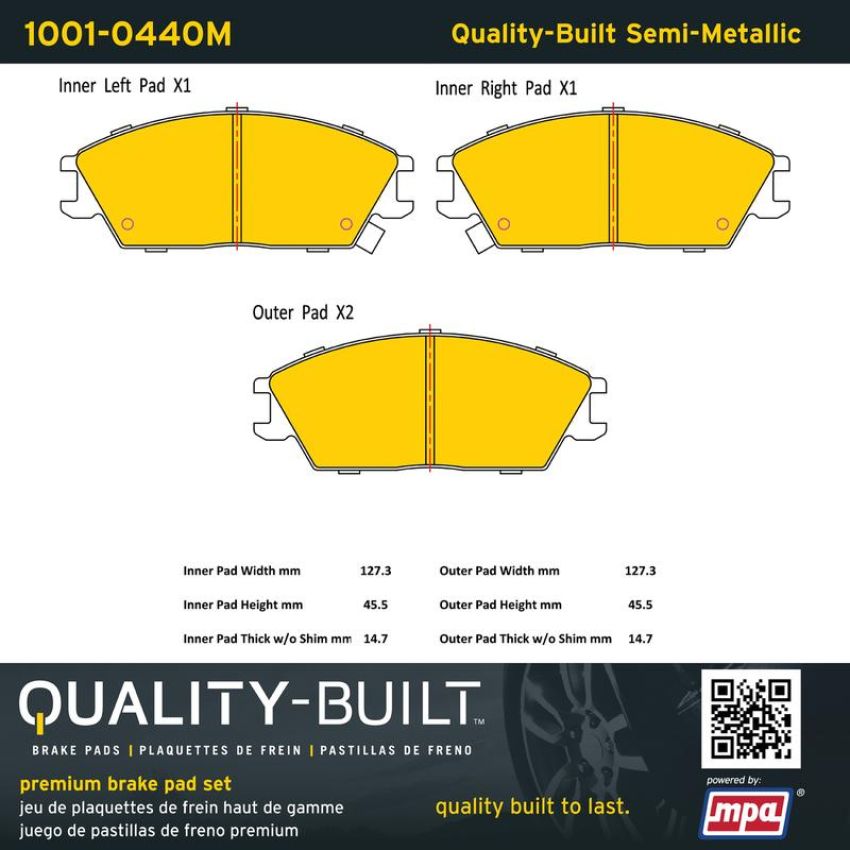 MPA 1001-0440M Quality-Built Premium Semi-Metallic Brake Pads w/ Hardware