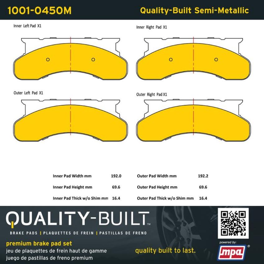 MPA 1001-0450M Quality-Built Premium Semi-Metallic Brake Pads w/ Hardware