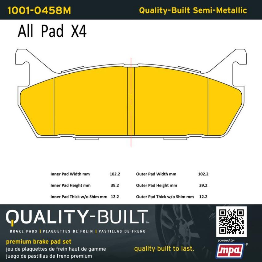 MPA 1001-0458M Quality-Built Premium Semi-Metallic Brake Pads w/ Hardware