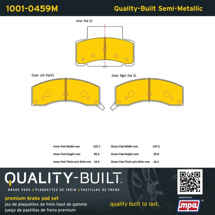 MPA 1001-0459M Quality-Built Premium Semi-Metallic Brake Pads w/ Hardware