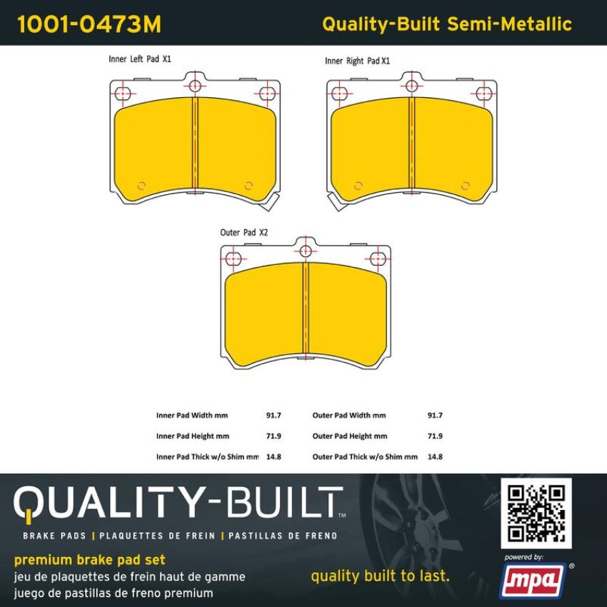 MPA 1001-0473M Quality-Built Premium Semi-Metallic Brake Pads w/ Hardware