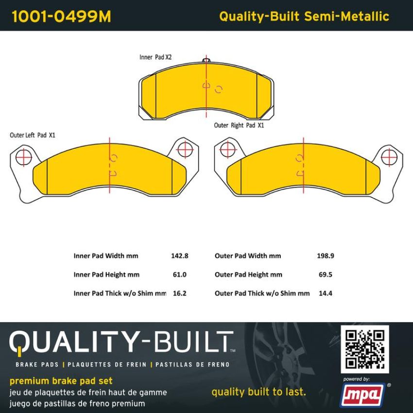 MPA 1001-0499M Quality-Built Premium Semi-Metallic Brake Pads w/ Hardware