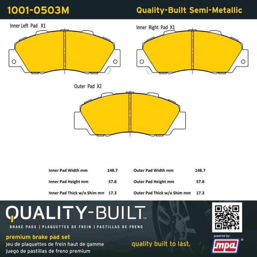 MPA 1001-0503M Quality-Built Premium Semi-Metallic Brake Pads w/ Hardware