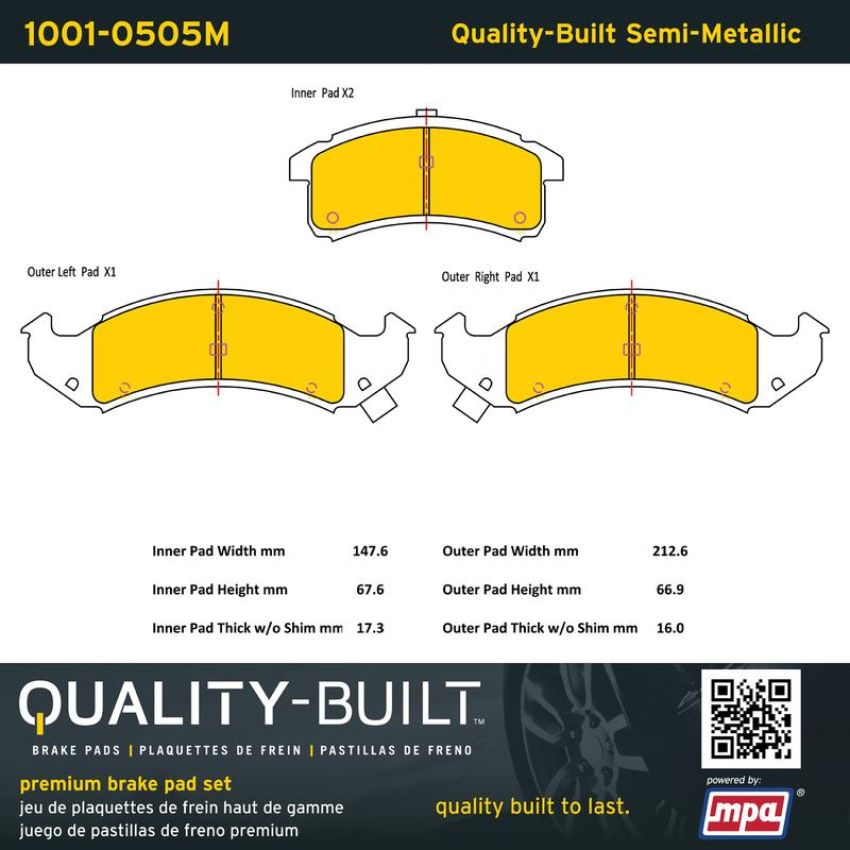 MPA 1001-0505M Quality-Built Premium Semi-Metallic Brake Pads w/ Hardware
