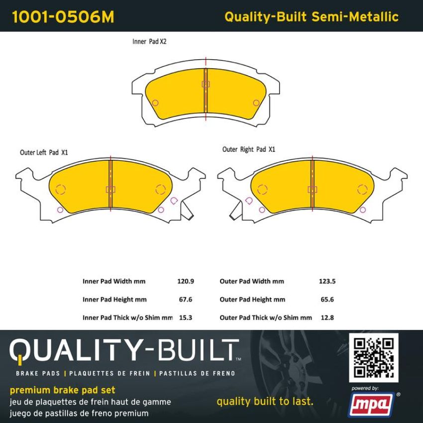 MPA 1001-0506M Quality-Built Premium Semi-Metallic Brake Pads w/ Hardware