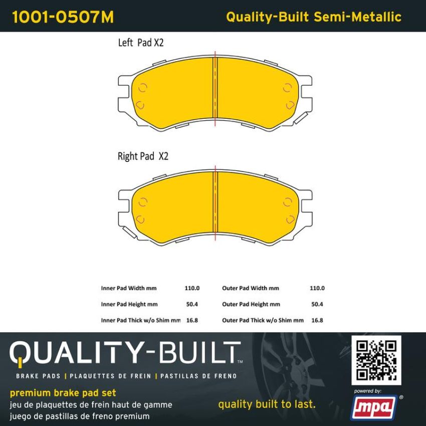 MPA 1001-0507M Quality-Built Premium Semi-Metallic Brake Pads w/ Hardware