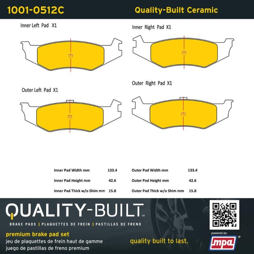 MPA 1001-0512C Quality-Built Premium Ceramic Brake Pads w/ Hardware