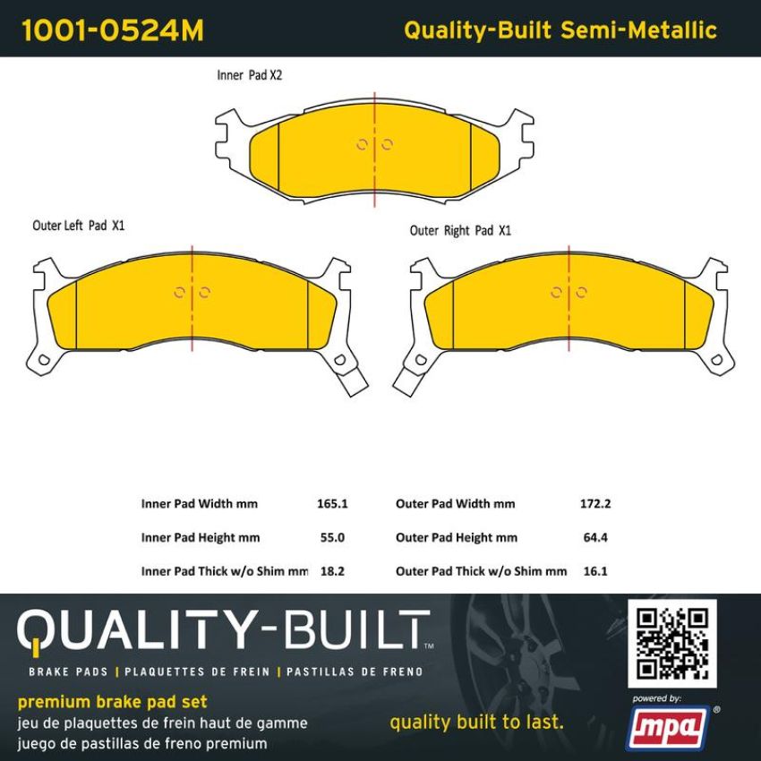 MPA 1001-0524M Quality-Built Premium Semi-Metallic Brake Pads w/ Hardware