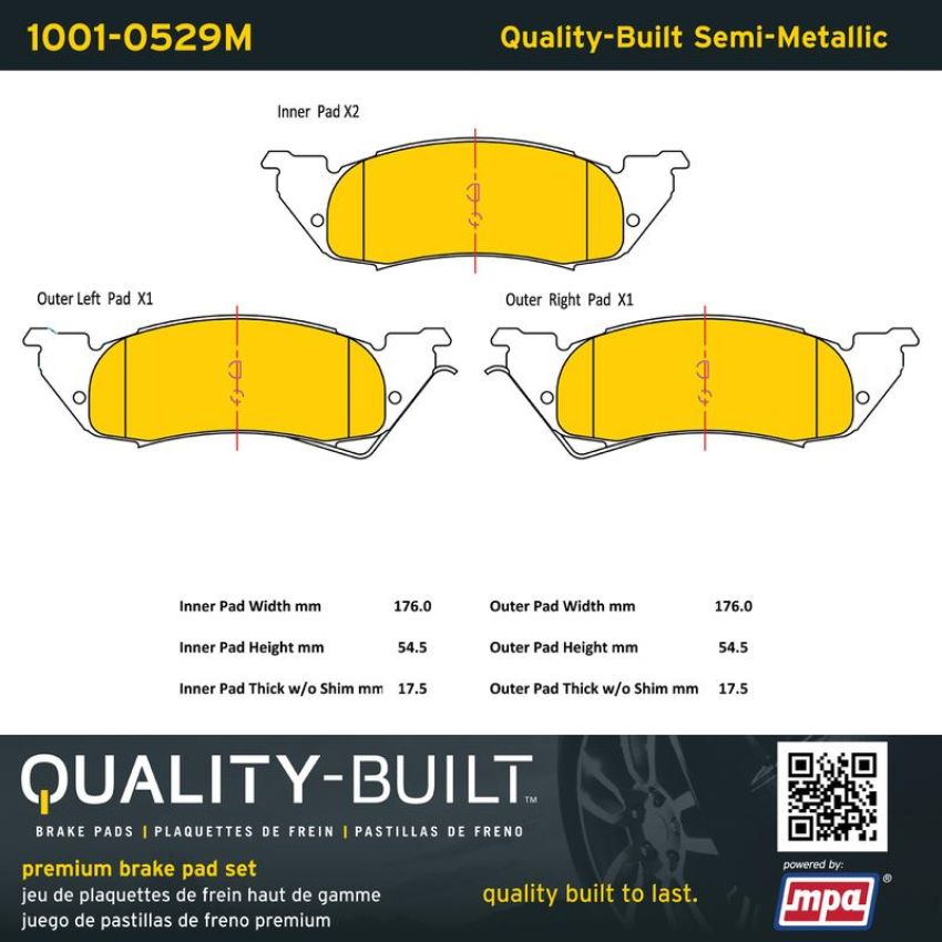 MPA 1001-0529M Quality-Built Premium Semi-Metallic Brake Pads w/ Hardware