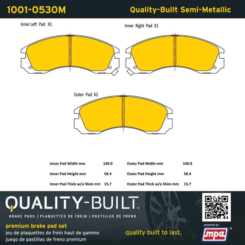 MPA 1001-0530M Quality-Built Premium Semi-Metallic Brake Pads w/ Hardware