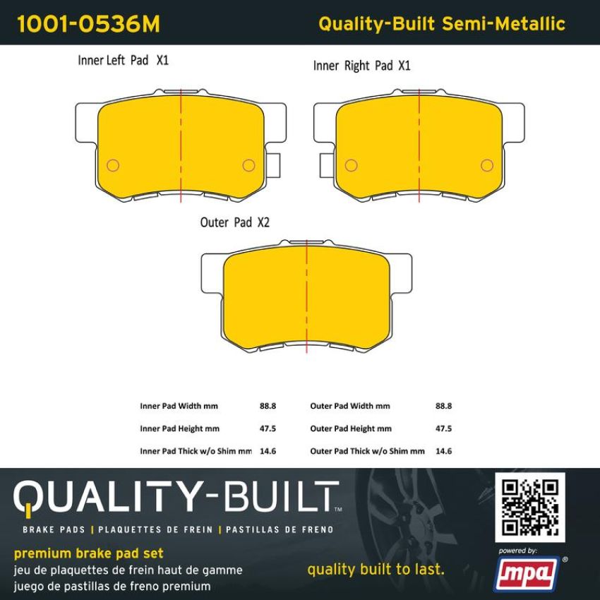 MPA 1001-0536M Quality-Built Premium Semi-Metallic Brake Pads w/ Hardware