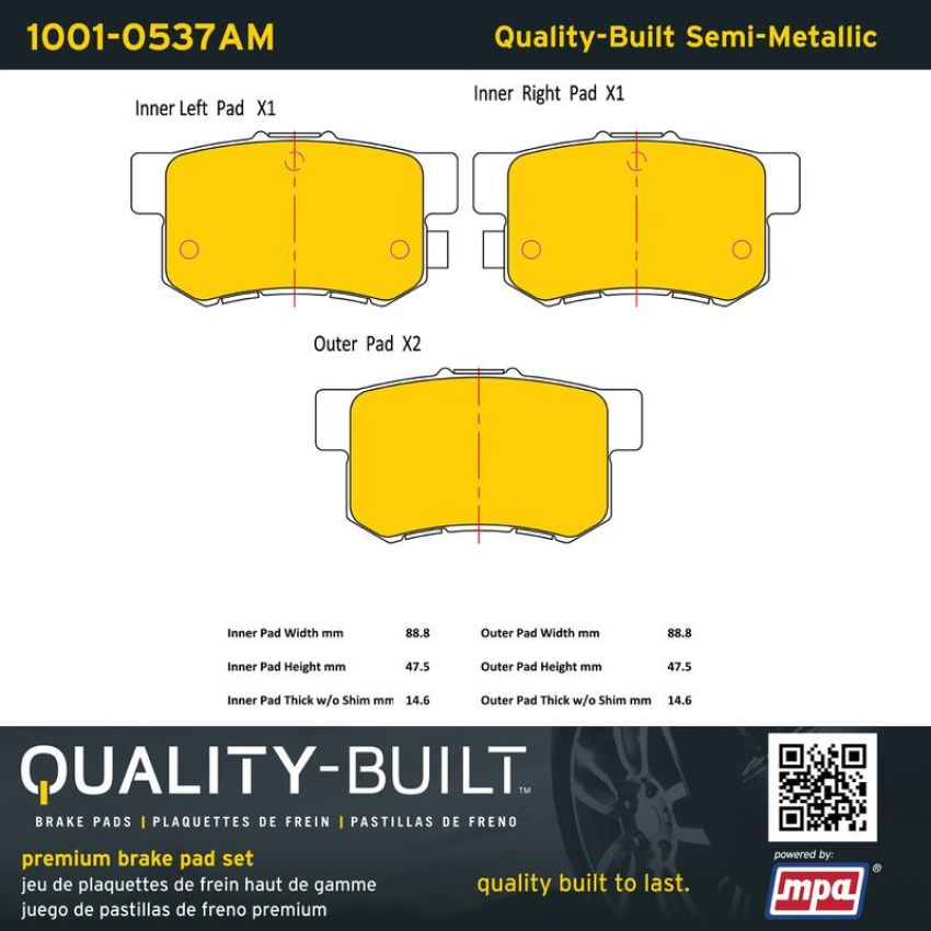 MPA 1001-0537AM Quality-Built Premium Semi-Metallic Brake Pads w/ Hardware