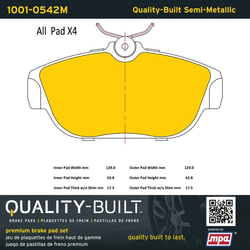 MPA 1001-0542M Quality-Built Premium Semi-Metallic Brake Pads w/ Hardware