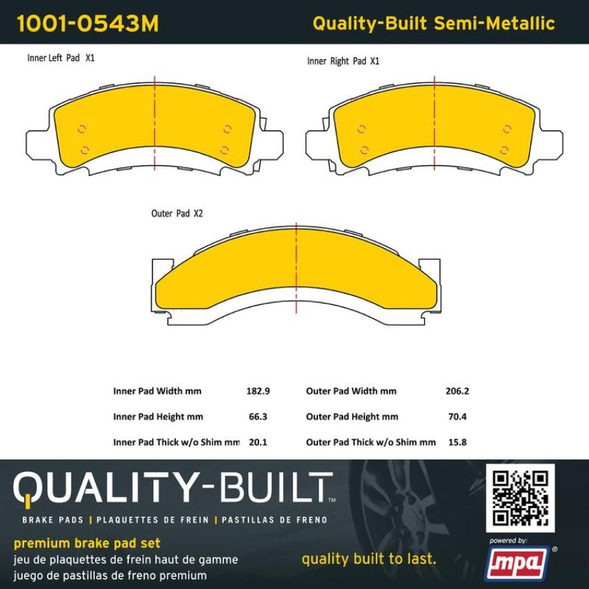 MPA 1001-0543M Quality-Built Premium Semi-Metallic Brake Pads w/ Hardware