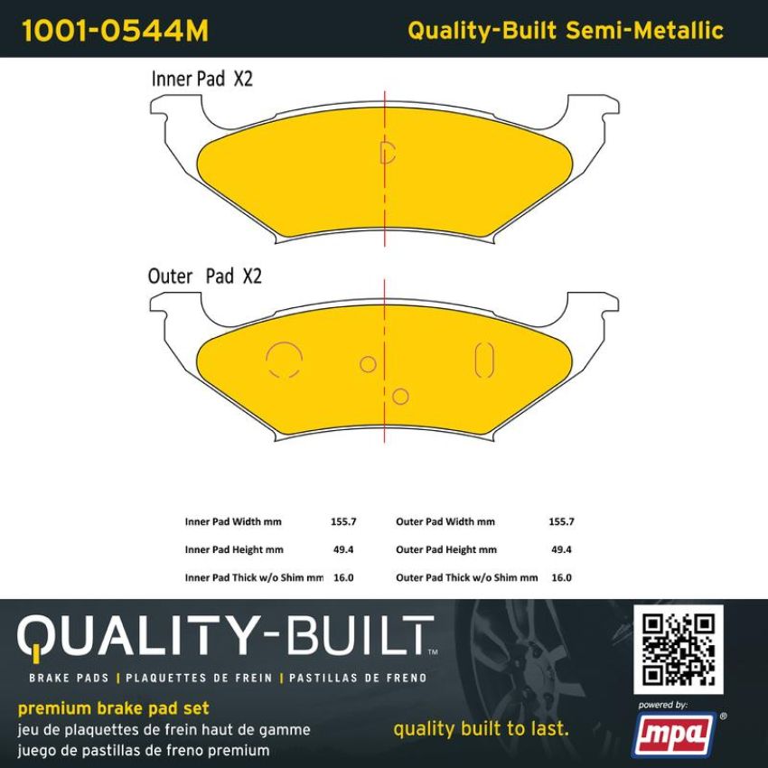 MPA 1001-0544M Quality-Built Premium Semi-Metallic Brake Pads w/ Hardware