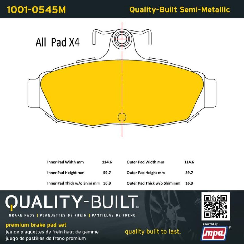 MPA 1001-0545M Quality-Built Premium Semi-Metallic Brake Pads w/ Hardware