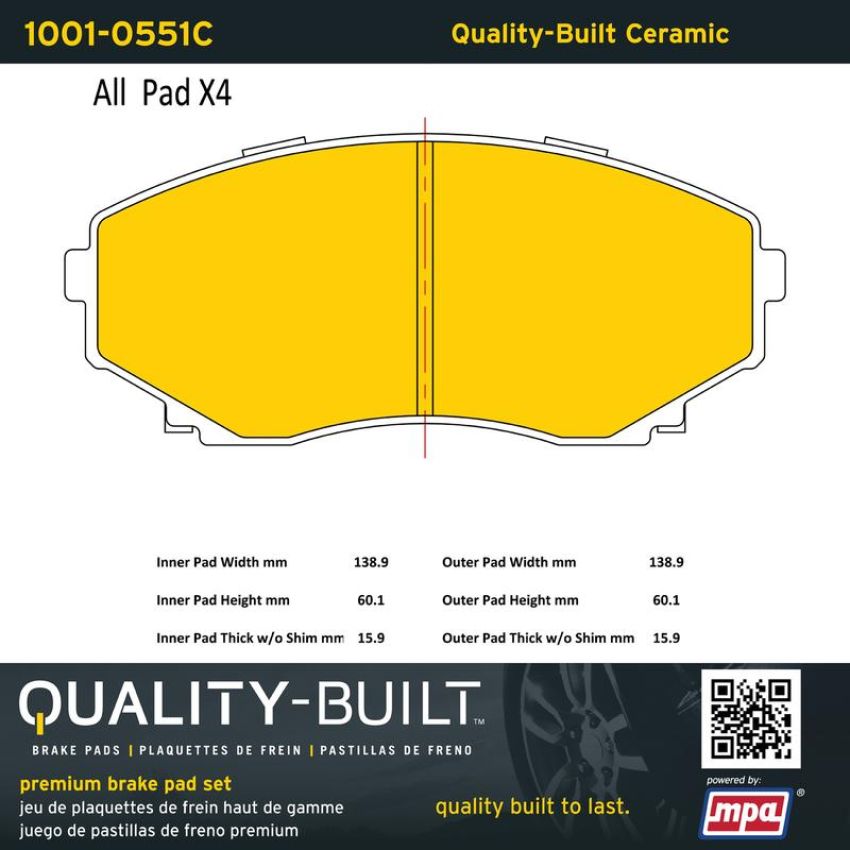MPA 1001-0551C Quality-Built Premium Ceramic Brake Pads w/ Hardware