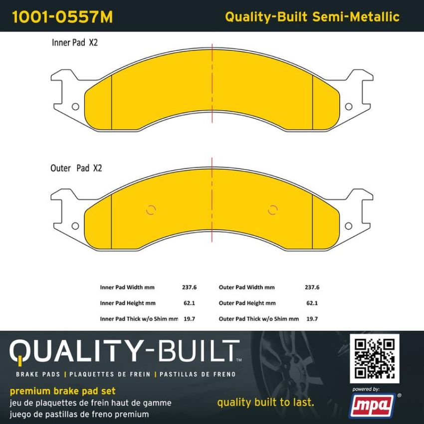 MPA 1001-0557M Quality-Built Premium Semi-Metallic Brake Pads w/ Hardware