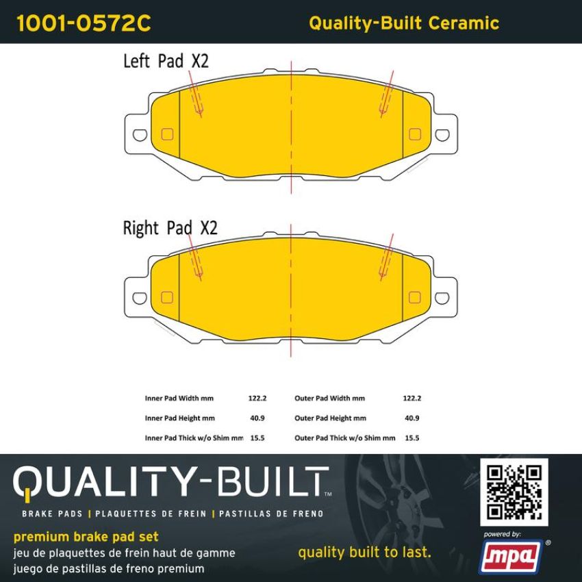 MPA 1001-0572C Quality-Built Premium Ceramic Brake Pads w/ Hardware