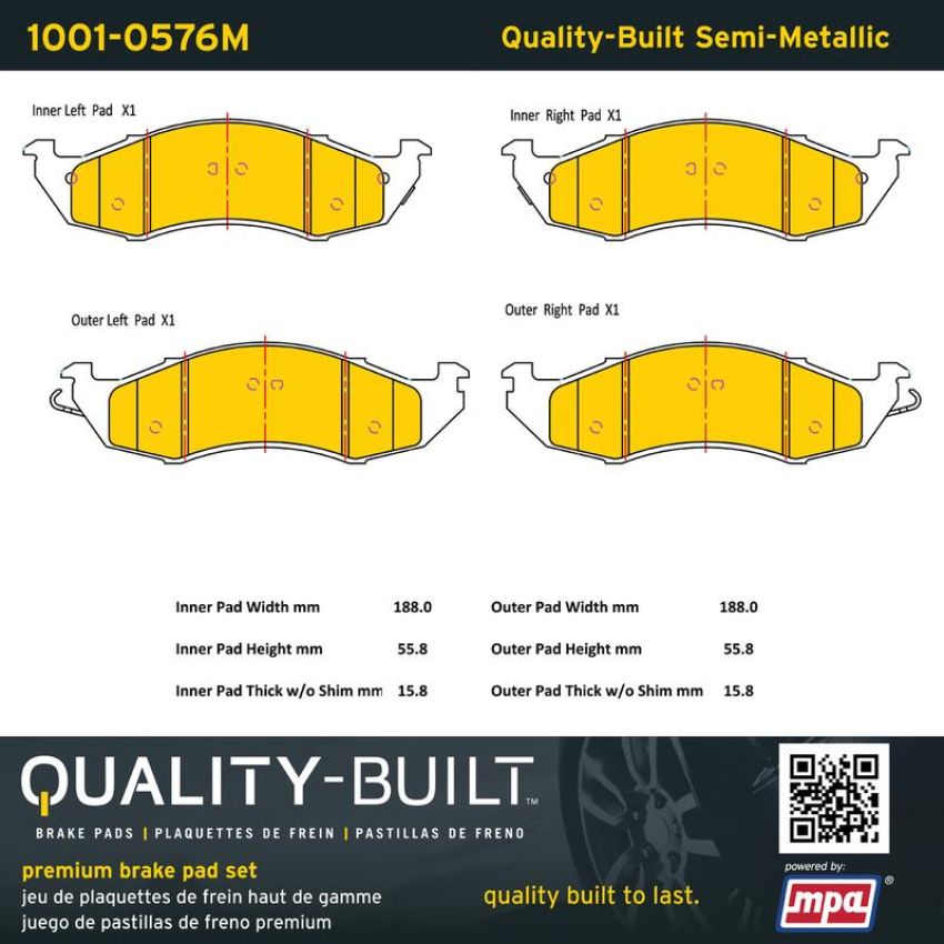 MPA 1001-0576M Quality-Built Premium Semi-Metallic Brake Pads w/ Hardware
